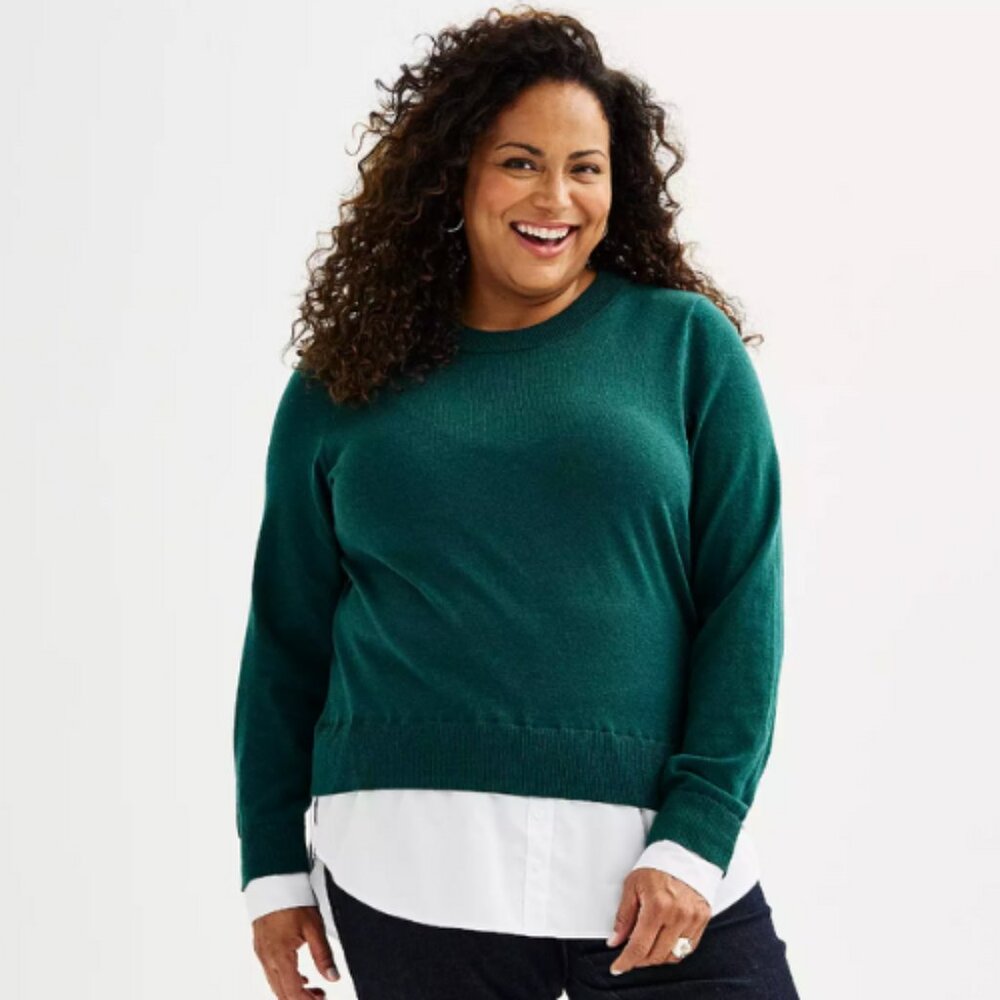 Croft & Barrow Fitted Pullover Crewneck Twofer Layered Sweater 4X Teal Plus Size